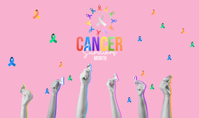 Awareness banner for Cancer Survivors Month with hands holding ribbons