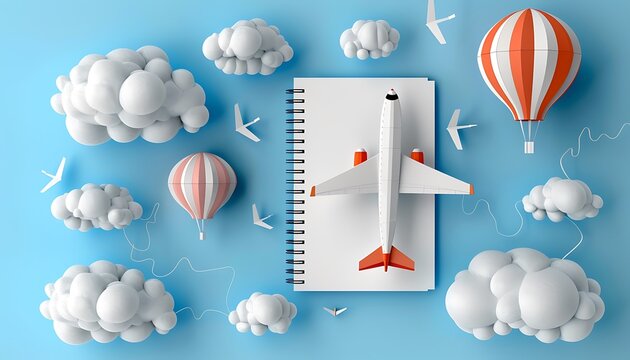 Hot air balloons and airplane in 3D paper art collage, clouds, blue background, notebook sheet for writing, top view.