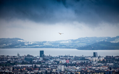 Skyline of city Zug in Switzerland on a cold winter day.