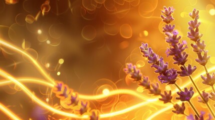 A gentle lavender flower in the top right corner, against a golden yellow neon light 