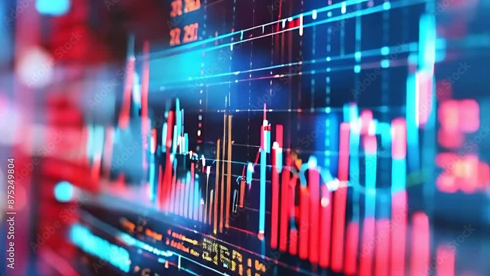 Poster close-up view of a computer screen displaying financial market data with red and blue charts, showin
