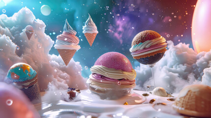 Whimsical ice cream cones in a dreamy sky with colorful stars and fluffy clouds