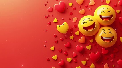 World Emoji Day Concept. 3d smiling emoticon or Smiley yellow ball emoji on red background. Funny emojis. World smile day emojis. World mental health day. World Laughter Day. Copy space for text. 4K