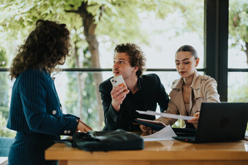 Young business partners working together at an urban coffee bar, analyzing reports, solving project tasks, and brainstorming new marketing and growth strategies for business expansion.