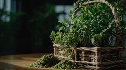 pretty green plant in wooden basket