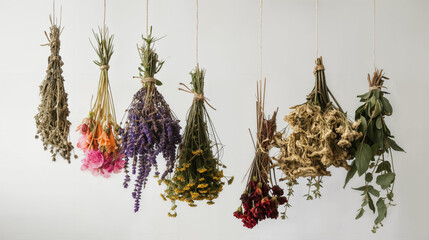 Bunches of dried herbs or dried flowers,  hanging upside down.