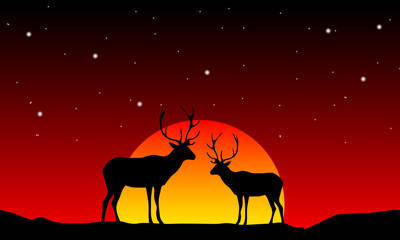 Silhouette of a deer in the evening sunset