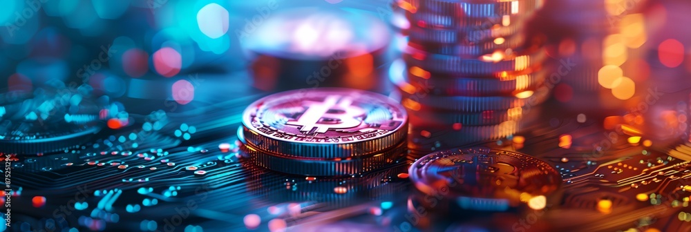 Aufkleber a stack of coins and a coin with the letter b on it. the coins are on a circuit board