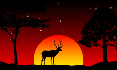 Deer Silhouette In Savannah Illustration Vector. Savannah Landscape Sunset.