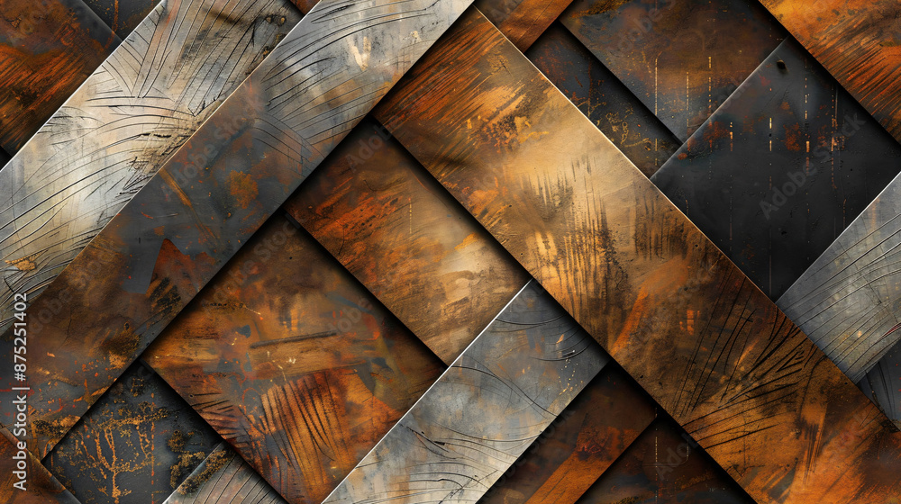 Poster abstract background of intertwined metal plates displaying scratches and wear marks