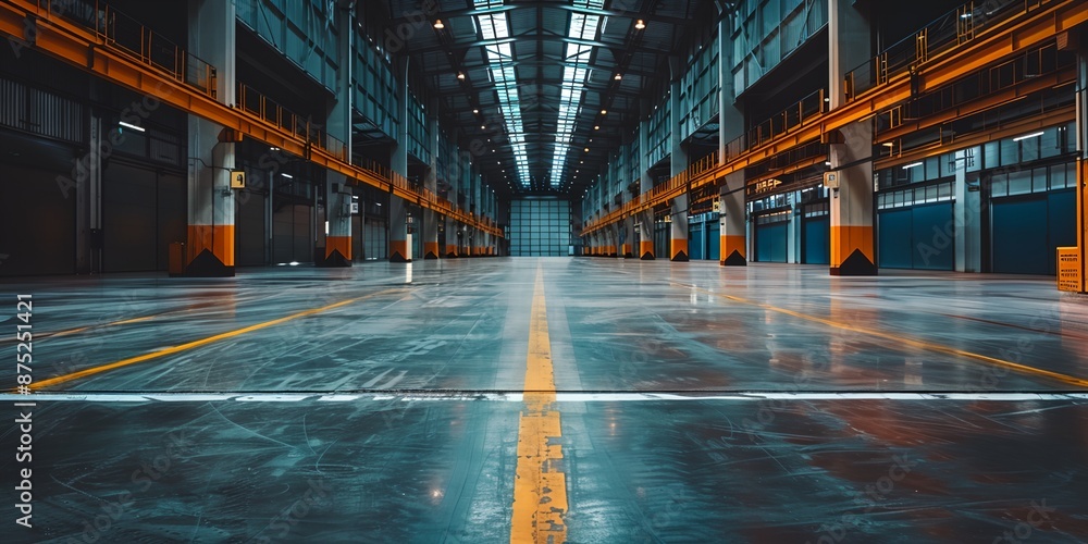 Poster a large empty warehouse with yellow lines on the floor. the space is empty and the yellow lines are 
