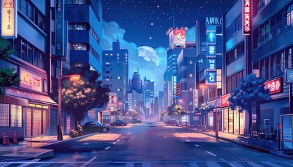 Fototapeta premium evening view of city streets, cartoon anime style
