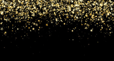 Festive background with stars, gold glitter and confetti for Christmas celebration. Black vector background with glowing golden particles.