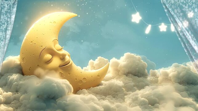 Crescent moon sleeping on clouds. Seamless looping time-lapse 4k video animation background