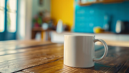 Mockup of a white mug on a kitchen table, with blue and yellow walls in the background.