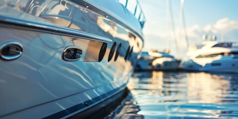 A boat is in the water with other boats in the background. The water is calm and the sun is shining