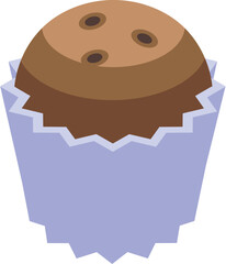 Round piece of chocolate candy with three nuts is sitting in a purple paper cup