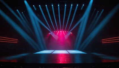 An unoccupied neon stage with radiant spotlights for showcasing neon displays