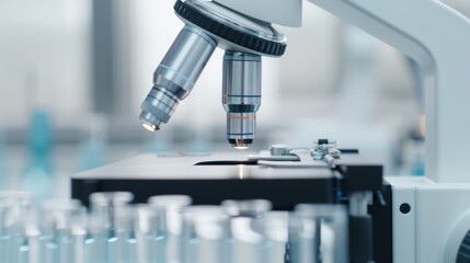 Fototapeta premium High-tech bioengineering lab close-up, robotic arms modifying genetic material under microscopes, futuristic and precise, focus cover all object, deep dept of field