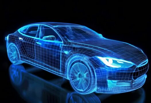 A blue wireframe holographic electric vehicle car with glowing lines illustrating futuristic transportation and technology concept
