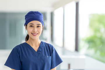 Portrait of a young Asian female reconstructive surgeon in blue scrubs, smiling in a medical setting, symbolizing dedication and competence.