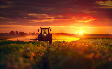 Fototapeta premium Tractor spraying a commercial ledge on a green vegetable field.