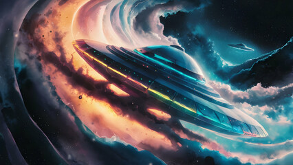 Ethereal UFO's Cosmic Voyage Merging with Nebula