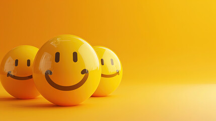 World Emoji Day Concept. 3d smiling emoticon or Smiley yellow ball emoji on yellow background. Funny emojis. World smile day emojis. World mental health day.  World Laughter Day. Copy space for text  
