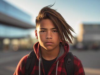 Obraz premium Portrait of native american boy, with a backpack, standing near the school 