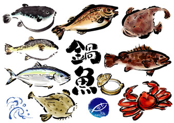 鍋物に向いてる手書きの魚の集合　和風筆書きの魚セット　右向き © 詩織