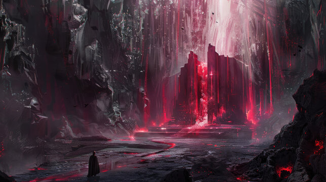 Dark cavern with red crystals and mist sets an enchanting atmosphere