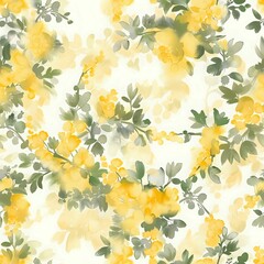 Scattered Mimosa Branches with Yellow Flowers and Green Leaves