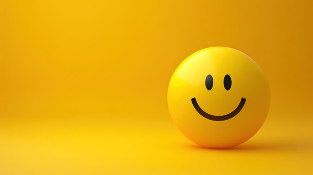 Naklejki World Emoji Day Concept. 3d smiling emoticon or Smiley yellow ball emoji on yellow background. Funny emojis. World smile day emojis. World mental health day.  World Laughter Day. Copy space for text  