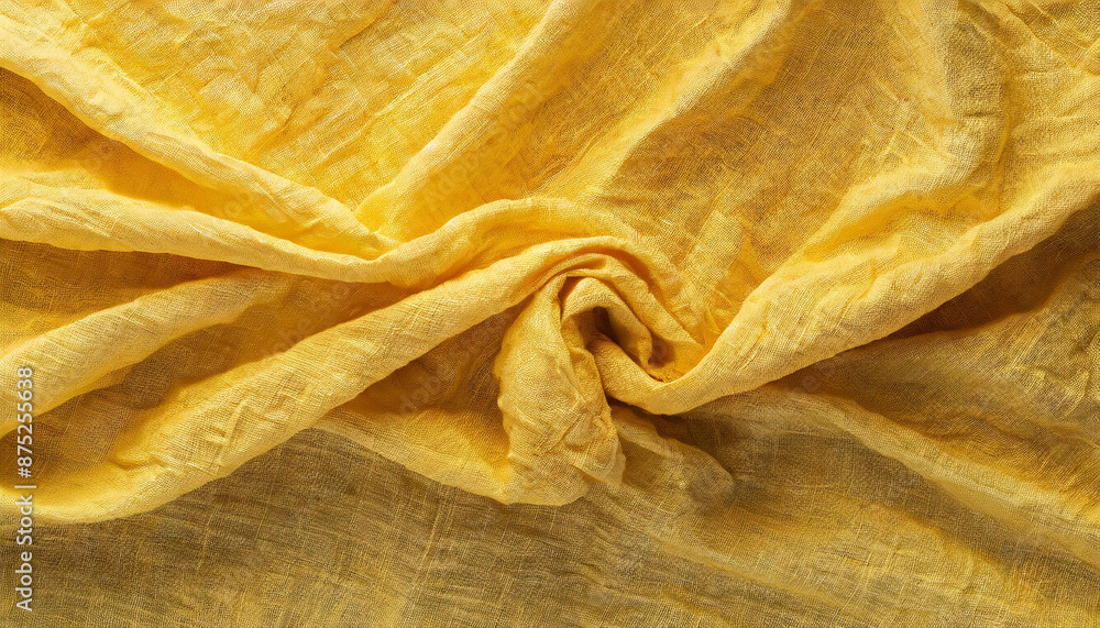 Poster close-up of wrinkled yellow linen fabric with natural texture and soft folds, creating an abstract b