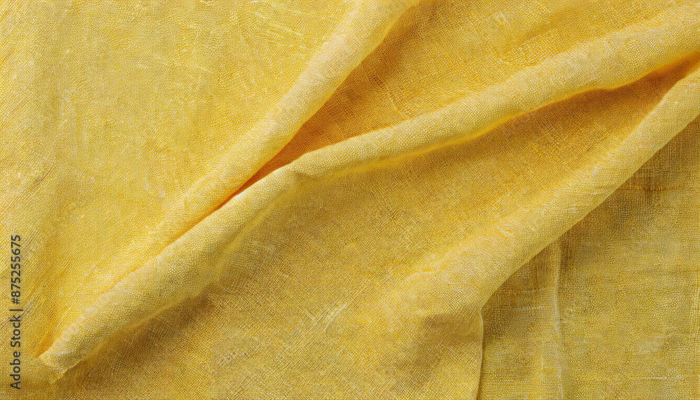 Aufkleber close-up of wrinkled yellow linen fabric with natural texture and soft folds, creating an abstract b