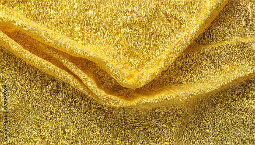 Aufkleber close-up of wrinkled yellow linen fabric with natural texture and soft folds, creating an abstract b