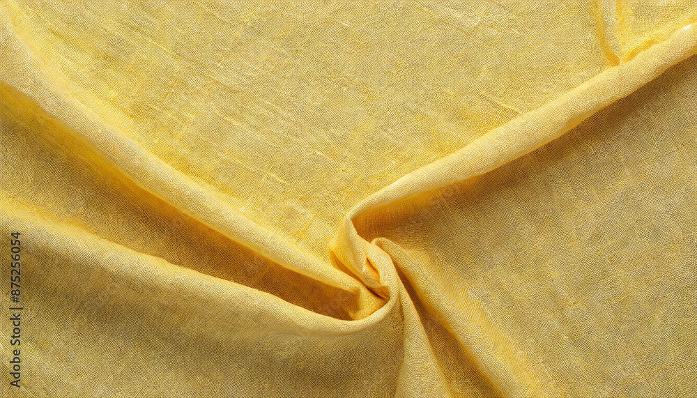 Aufkleber close-up of wrinkled yellow linen fabric with natural texture and soft folds, creating an abstract b