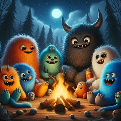 Cartoon illustration of friendly, fuzzy monsters gathered around a campfire