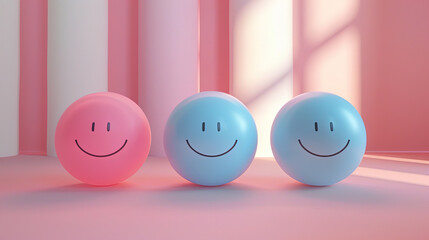 World Emoji Day Concept. Minimalist background with three smiley face balls in pink and blue colors. Emoji Celebration. World smile day emojis. World mental health day. World Laughter Day. Copy space 