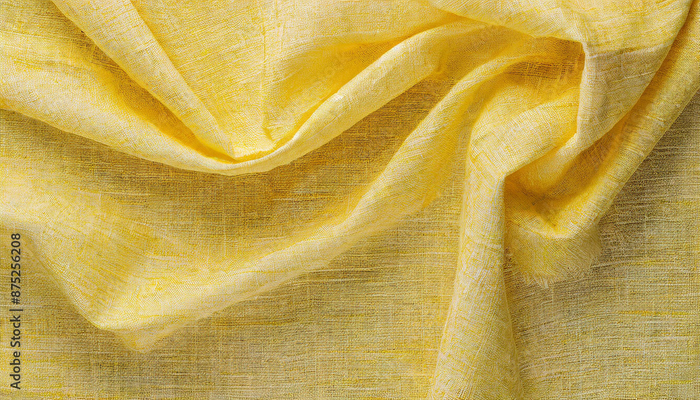Poster close-up of wrinkled yellow linen fabric with natural texture and soft folds, creating an abstract b