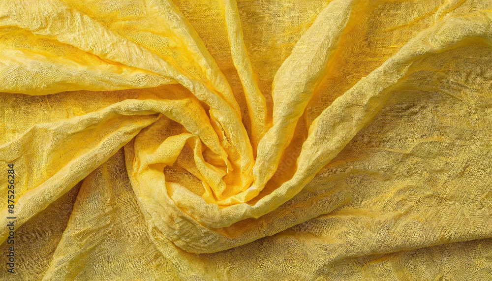Poster close-up of wrinkled yellow linen fabric with natural texture and soft folds, creating an abstract b