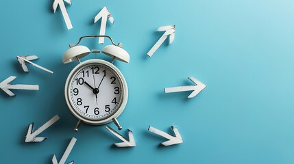 Alarm clock with arrows isolated on blue background