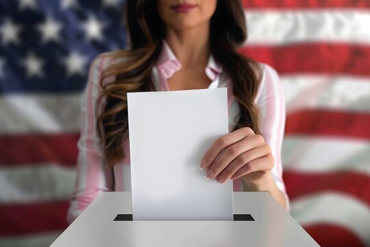 Woman participating on Voter Registration Day, putting vote bulletin into white ballot box with American flag in the background