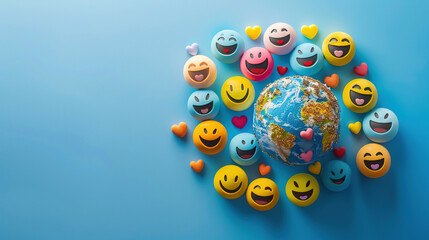 World Emoji Day. Top view of various colorful emoji faces with smiling and laughing expressions on a blue background. Earth and emoji smiley. World smile day emojis. World Laughter Day. Copy space