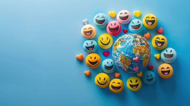 World Emoji Day. Top view of various colorful emoji faces with smiling and laughing expressions on a blue background. Earth and emoji smiley. World smile day emojis. World Laughter Day. Copy space - Powered by Adobe