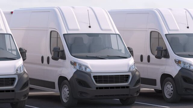Delivery vans in a row on a parking. Express delivery service. 3d animation