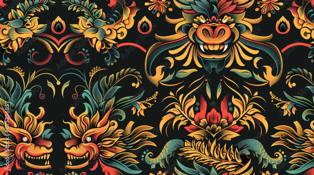 Poster mythical dragon heads and floral ornaments create a vibrant seamless pattern on a dark background