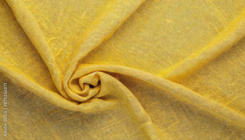 Poster close-up of wrinkled yellow linen fabric with natural texture and soft folds, creating an abstract b