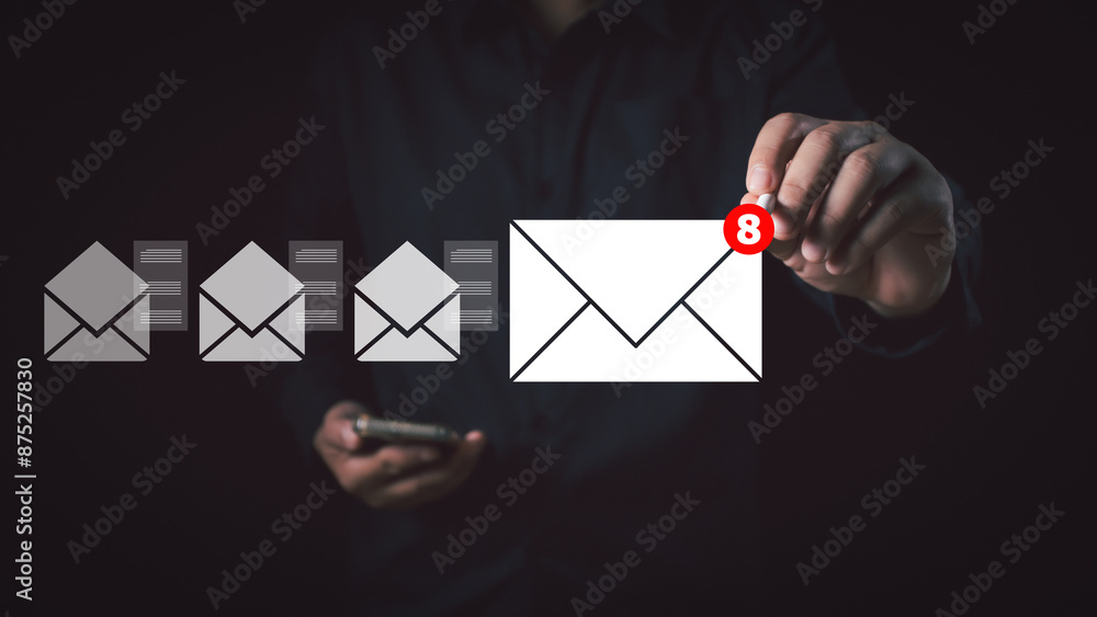 Poster businessman using smartphone and pencil open email with notification alert with virtual interface te