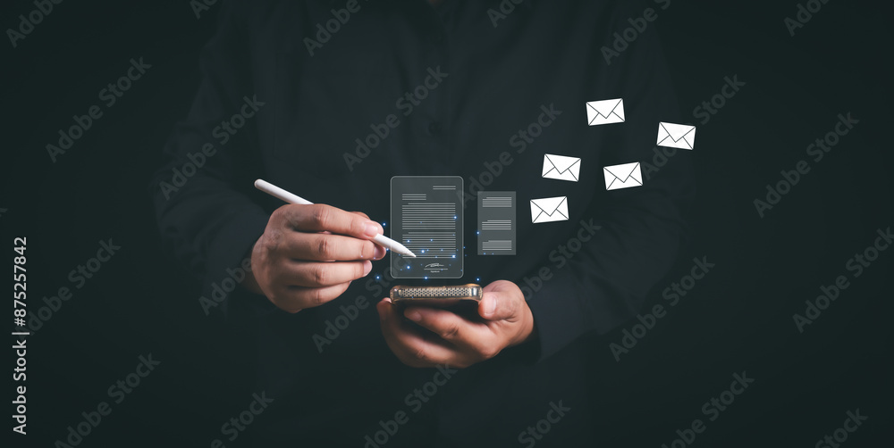 Aufkleber businessman uses smartphone and pencil to write and send electronic mail with virtual interface tech